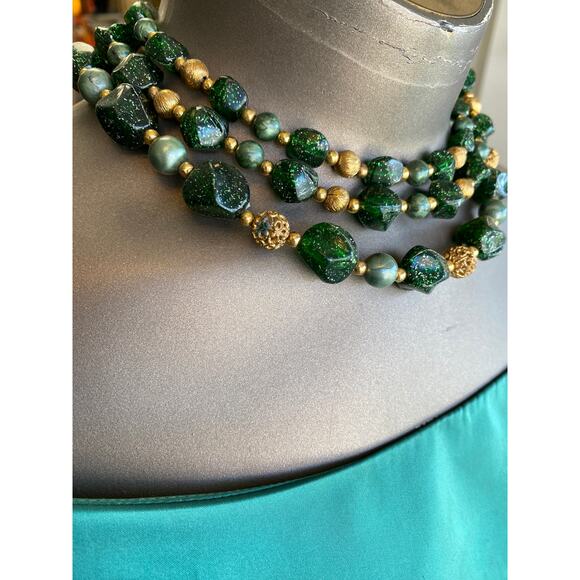 vintage 1950s green glitter multi-strand necklace, 50s costume jewelry set, nye - Picture 3 of 9